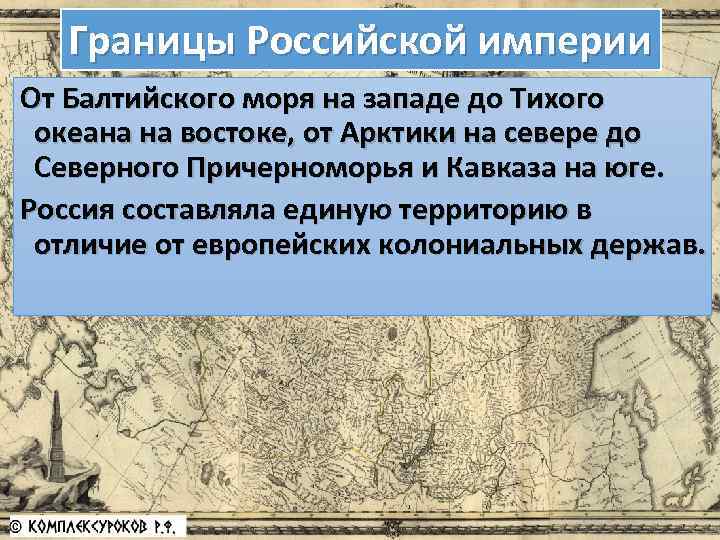 Границы Российской империи От Балтийского моря на западе до Тихого океана на востоке, от