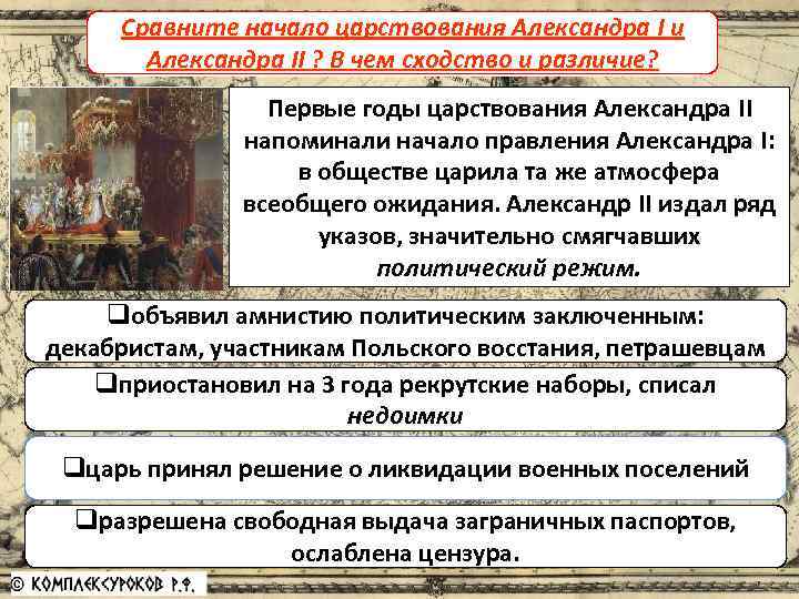 Сравните начало царствования Александра I и Российская «оттепель» Александра II ? В чем сходство