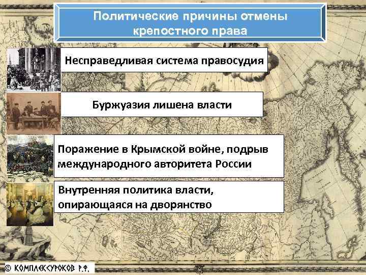 Политические причины отмены крепостного права Несправедливая система правосудия Буржуазия лишена власти Поражение в Крымской