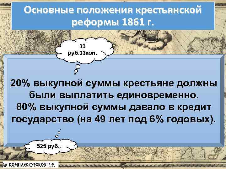 Основные положения крестьянской реформы 1861 г. 33 руб. 33 коп. 20% выкупной суммы крестьяне