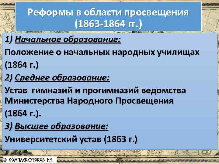 Реформы в области просвещения (1863 -1864 гг. ) 1) Начальное образование: Положение о начальных
