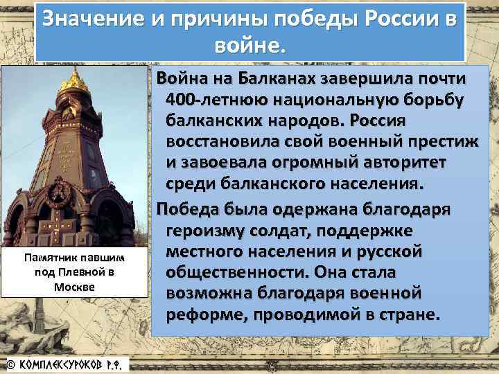 Значение и причины победы России в войне. Памятник павшим под Плевной в Москве Война