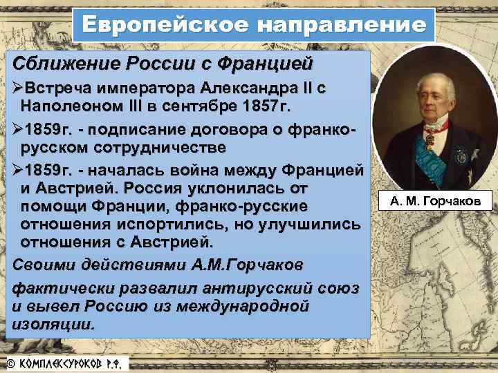 Европейское направление Сближение России с Францией ØВстреча императора Александра II с Наполеоном III в