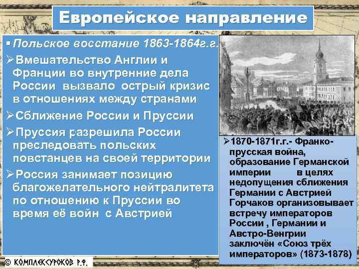 Европейское направление § Польское восстание 1863 -1864 г. г. ØВмешательство Англии и Франции во