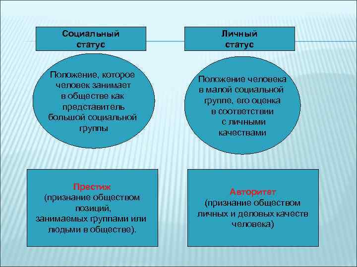 Социальный статус Положение, которое человек занимает в обществе как представитель большой социальной группы Престиж