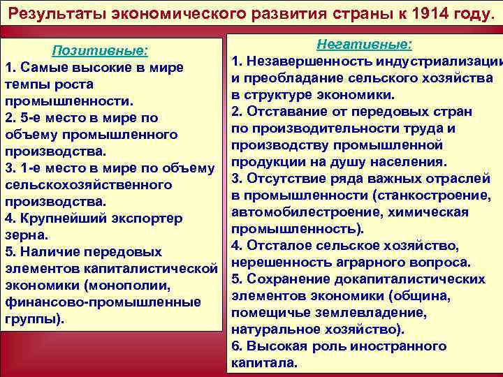 Результаты экономического развития страны к 1914 году. Позитивные: 1. Самые высокие в мире темпы