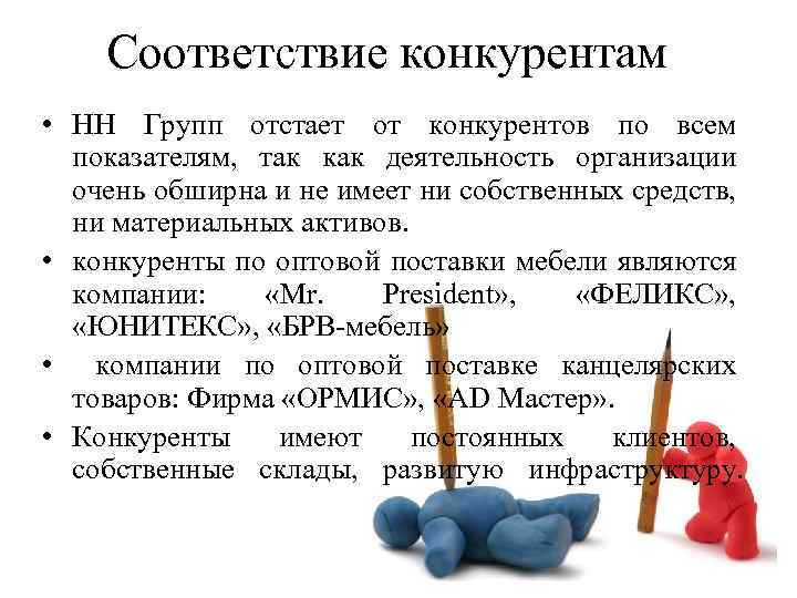 Соответствие конкурентам • НН Групп отстает от конкурентов по всем показателям, так как деятельность