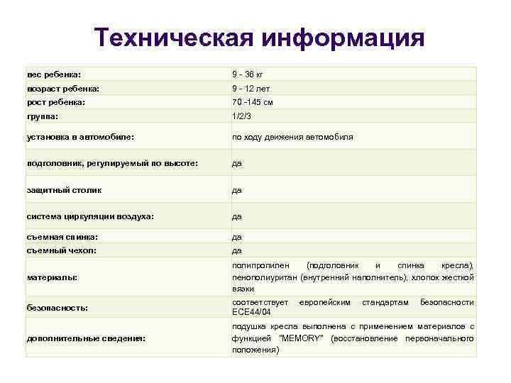 Техническая информация вес ребенка: 9 - 36 кг возраст ребенка: 9 - 12 лет