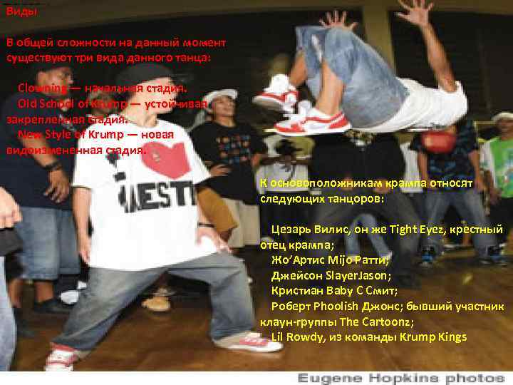 Виды В общей сложности на данный момент существуют три вида данного танца: Clowning —