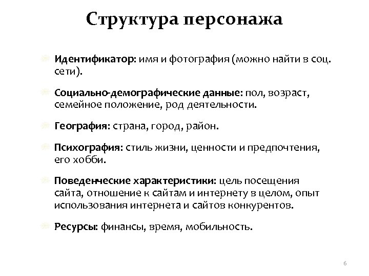 Структура персонажа Идентификатор: имя и фотография (можно найти в соц. сети). Социально-демографические данные: пол,
