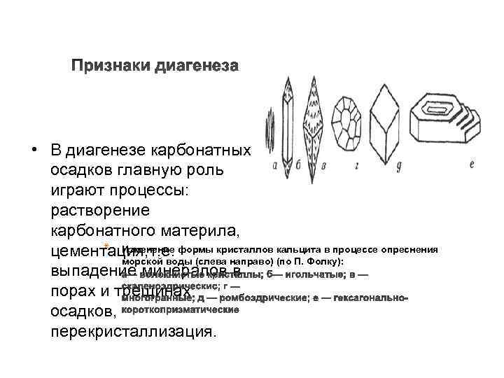  • В диагенезе карбонатных осадков главную роль играют процессы: растворение карбонатного материла, *