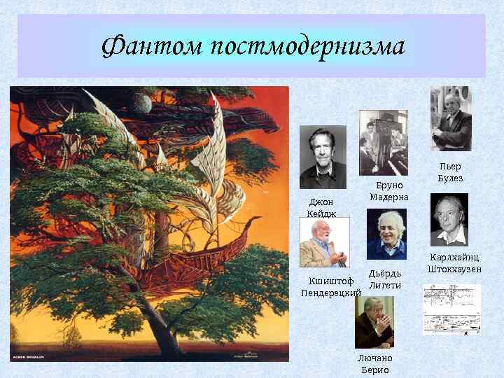 Фантом постмодернизма Джон Кейдж Бруно Мадерна Дьёрдь Кшиштоф Лигети Пендерецкий Пьер Булез Карлхайнц Штокхаузен
