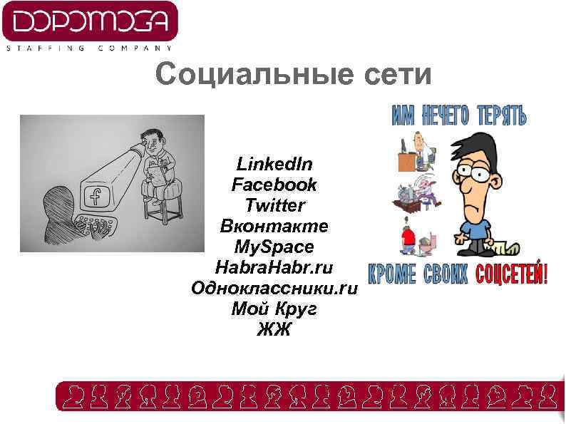 Социальные сети Linked. In Facebook Twitter Вконтакте My. Space Habra. Habr. ru Одноклассники. ru