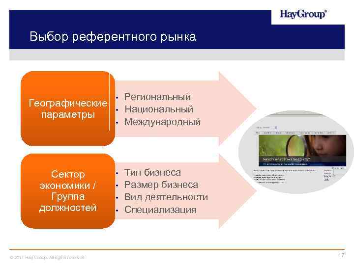 Выбор референтного рынка Географические параметры Сектор экономики / Группа должностей © 2011 Hay Group.