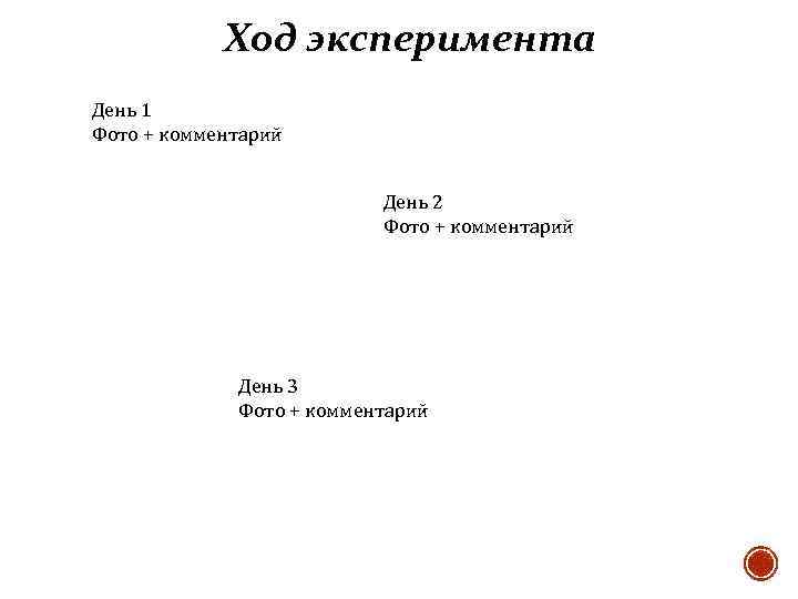 Ход эксперимента День 1 Фото + комментарий День 2 Фото + комментарий День 3