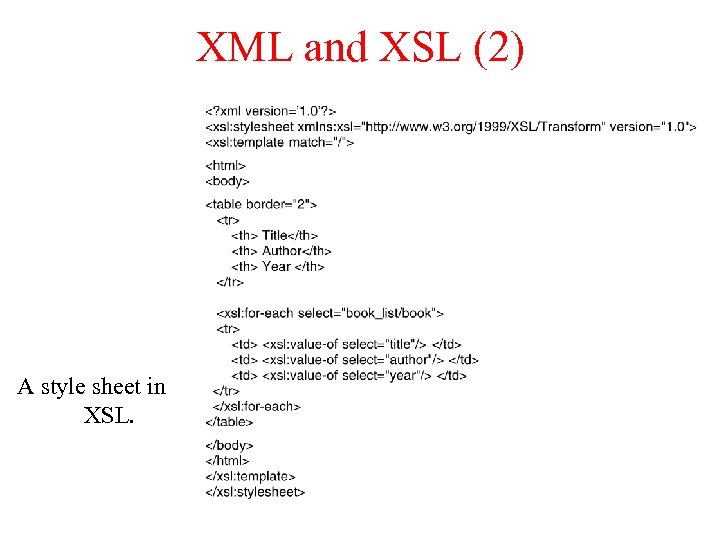 XML and XSL (2) A style sheet in XSL. 