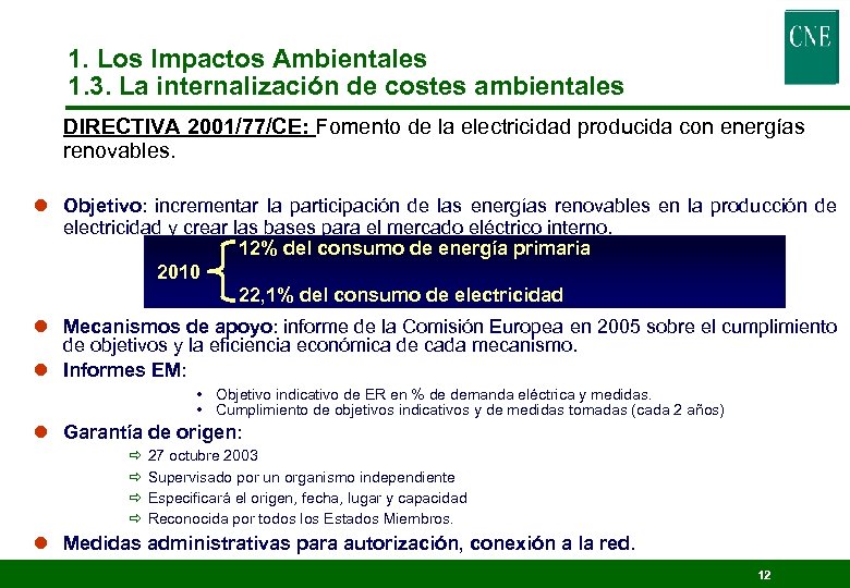 1. Los Impactos Ambientales 1. 3. La internalización de costes ambientales DIRECTIVA 2001/77/CE: Fomento
