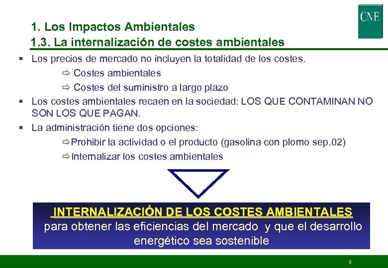 1. Los Impactos Ambientales 1. 3. La internalización de costes ambientales § Los precios
