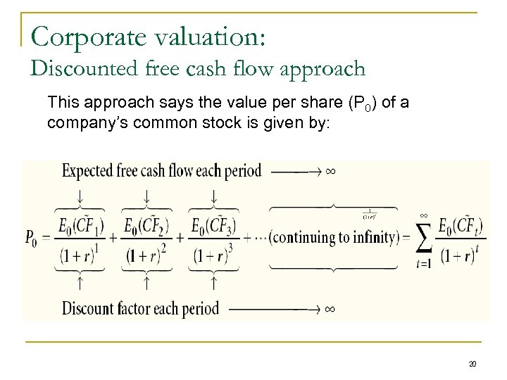 Corporate valuation: Discounted free cash flow approach This approach says the value per share