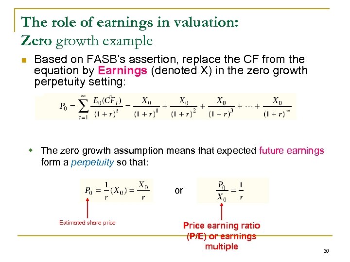 The role of earnings in valuation: Zero growth example n Based on FASB’s assertion,