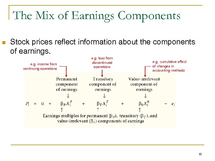 The Mix of Earnings Components n Stock prices reflect information about the components of