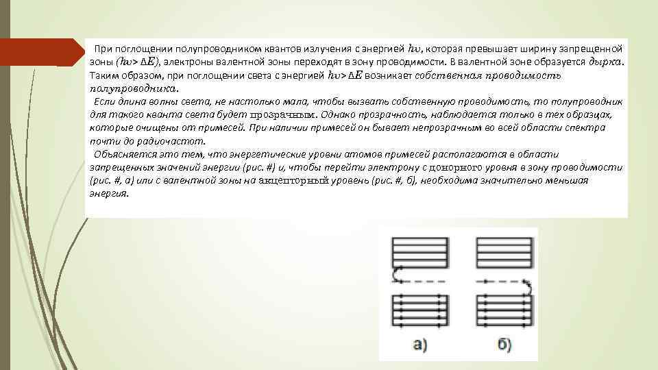 При поглощении полупроводником квантов излучения с энергией hυ, которая превышает ширину запрещенной зоны (hυ>