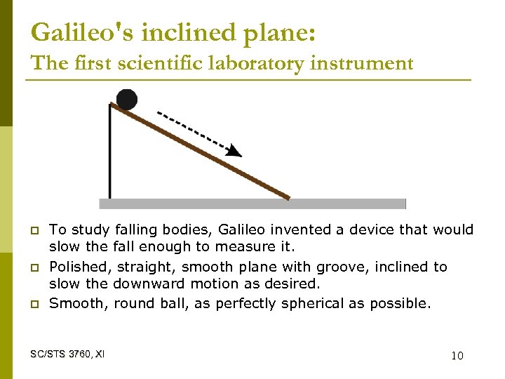 Galileo's inclined plane: The first scientific laboratory instrument p p p To study falling