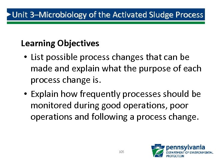 Unit 3–Microbiology of the Activated Sludge Process Learning Objectives • List possible process changes