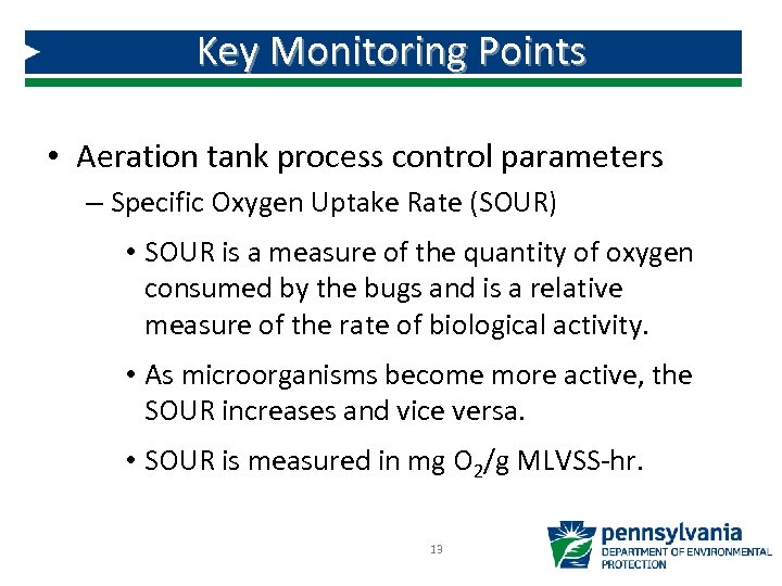 Key Monitoring Points • Aeration tank process control parameters – Specific Oxygen Uptake Rate
