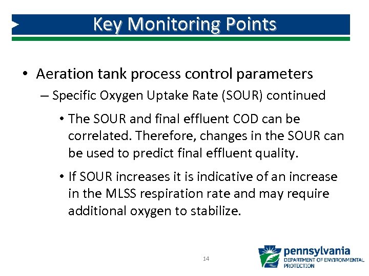Key Monitoring Points • Aeration tank process control parameters – Specific Oxygen Uptake Rate