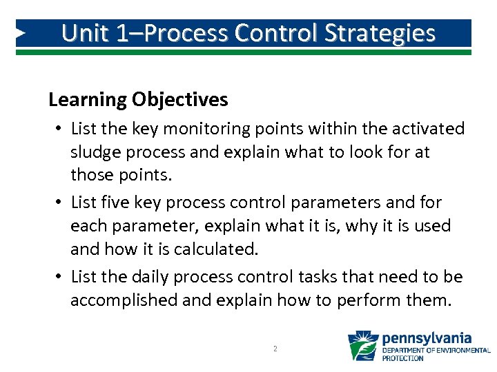 Unit 1–Process Control Strategies Learning Objectives • List the key monitoring points within the
