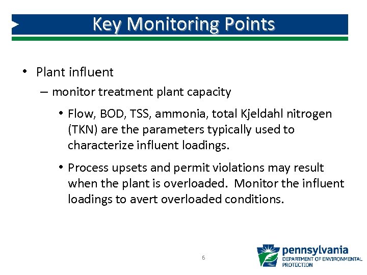 Key Monitoring Points • Plant influent – monitor treatment plant capacity • Flow, BOD,