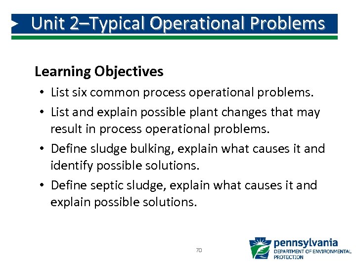 Unit 2–Typical Operational Problems Learning Objectives • List six common process operational problems. •