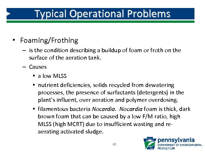 Typical Operational Problems • Foaming/Frothing – is the condition describing a buildup of foam
