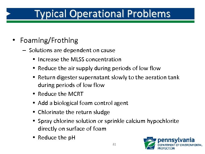 Typical Operational Problems • Foaming/Frothing – Solutions are dependent on cause • Increase the