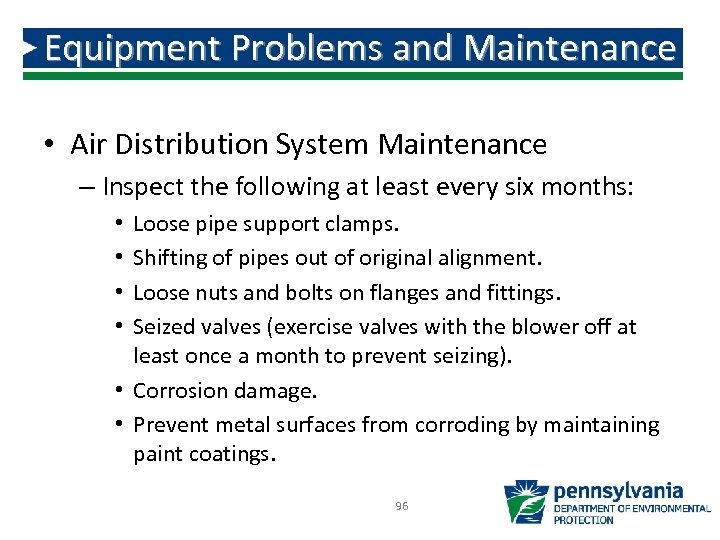 Equipment Problems and Maintenance • Air Distribution System Maintenance – Inspect the following at