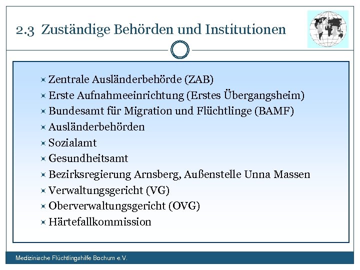 2. 3 Zuständige Behörden und Institutionen Zentrale Ausländerbehörde (ZAB) Erste Aufnahmeeinrichtung (Erstes Übergangsheim) Bundesamt