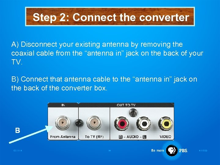 Step 2: Connect the converter A) Disconnect your existing antenna by removing the coaxial