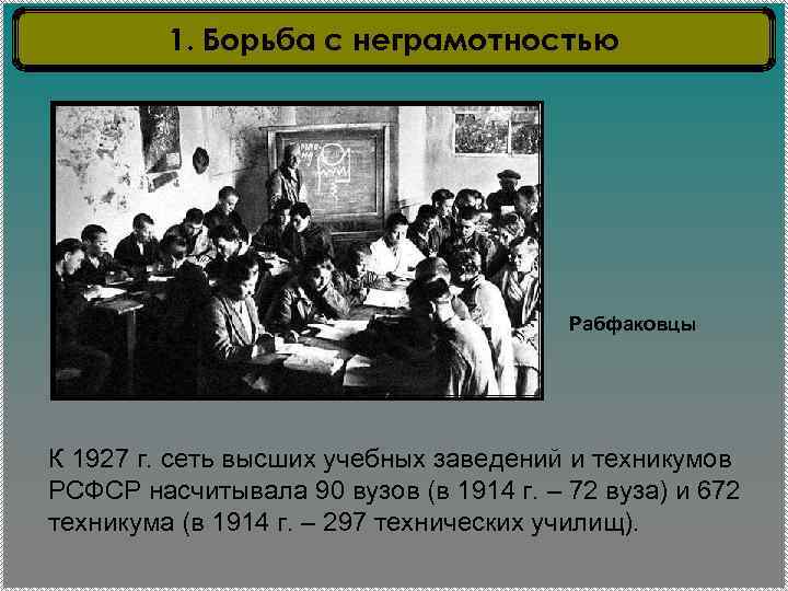 1. Борьба с неграмотностью Рабфаковцы К 1927 г. сеть высших учебных заведений и техникумов