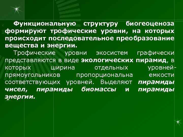 Функциональную структуру биогеоценоза формируют трофические уровни, на которых происходит последовательное преобразование вещества и энергии.