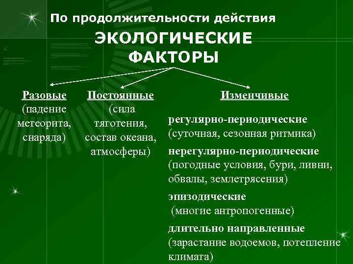 По продолжительности действия ЭКОЛОГИЧЕСКИЕ ФАКТОРЫ Разовые Постоянные Изменчивые (падение (сила регулярно-периодические метеорита, тяготения, снаряда)