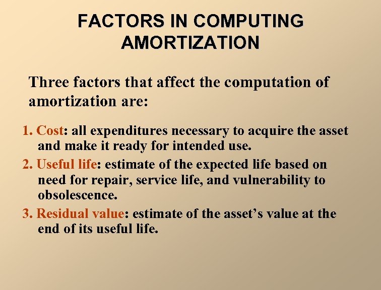FACTORS IN COMPUTING AMORTIZATION Three factors that affect the computation of amortization are: 1.