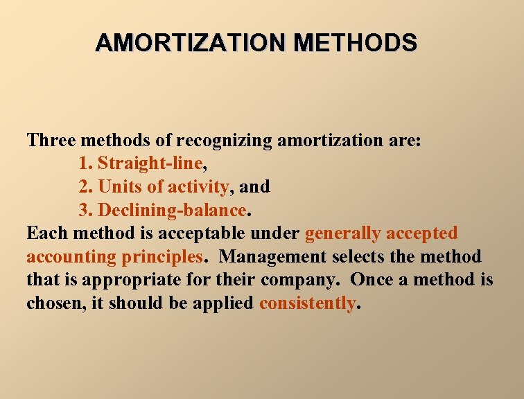 AMORTIZATION METHODS Three methods of recognizing amortization are: 1. Straight-line, 2. Units of activity,