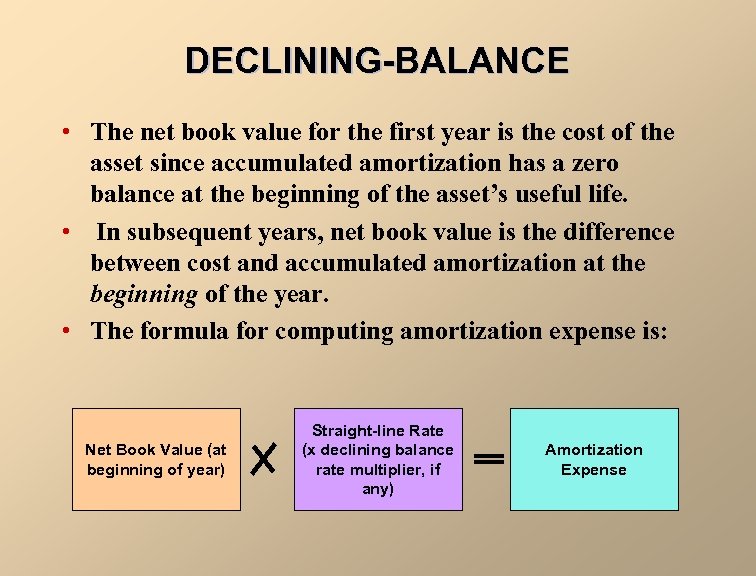 DECLINING-BALANCE • The net book value for the first year is the cost of
