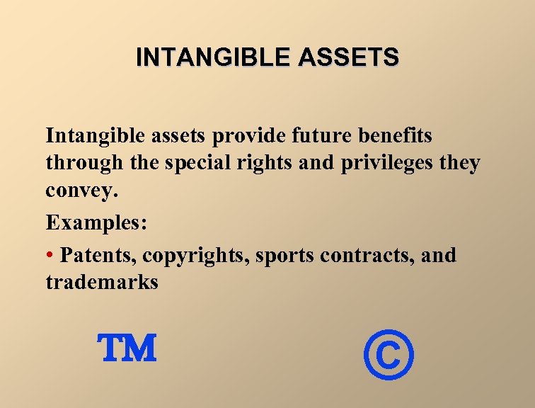 INTANGIBLE ASSETS Intangible assets provide future benefits through the special rights and privileges they