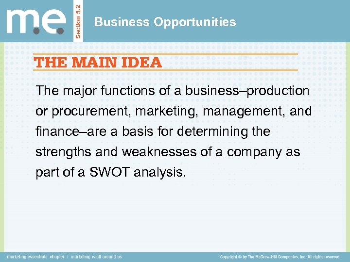 Section 5. 2 Business Opportunities The major functions of a business–production or procurement, marketing,