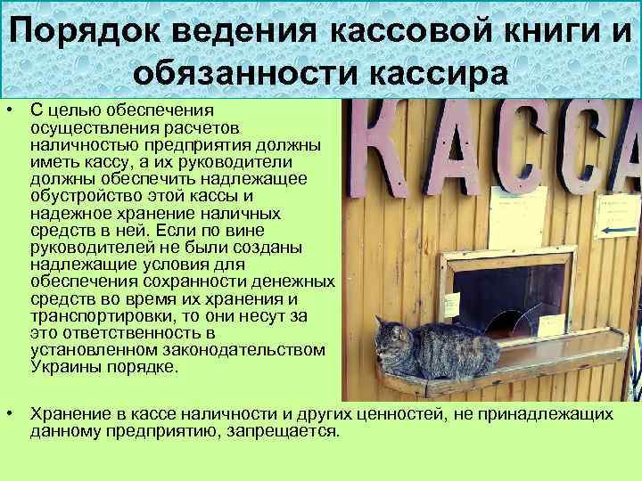 Порядок ведения кассовой книги и обязанности кассира • С целью обеспечения осуществления расчетов наличностью