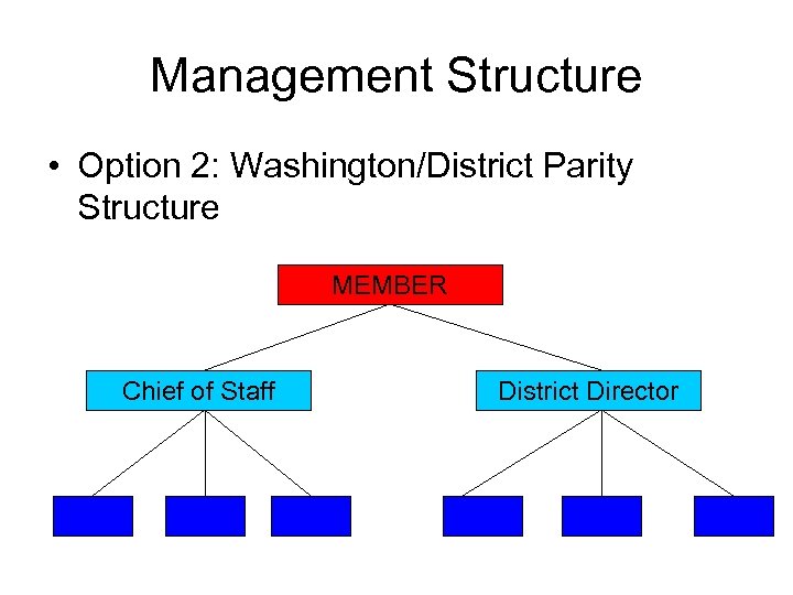 Management Structure • Option 2: Washington/District Parity Structure MEMBER Chief of Staff District Director