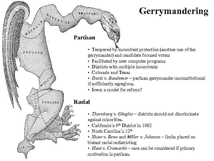 Gerrymandering Partisan • Tempered by incumbent protection (another use of the gerrymander) and candidate