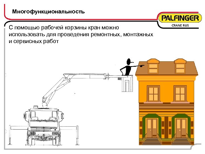 Многофункциональность С помощью рабочей корзины кран можно использовать для проведения ремонтных, монтажных и сервисных